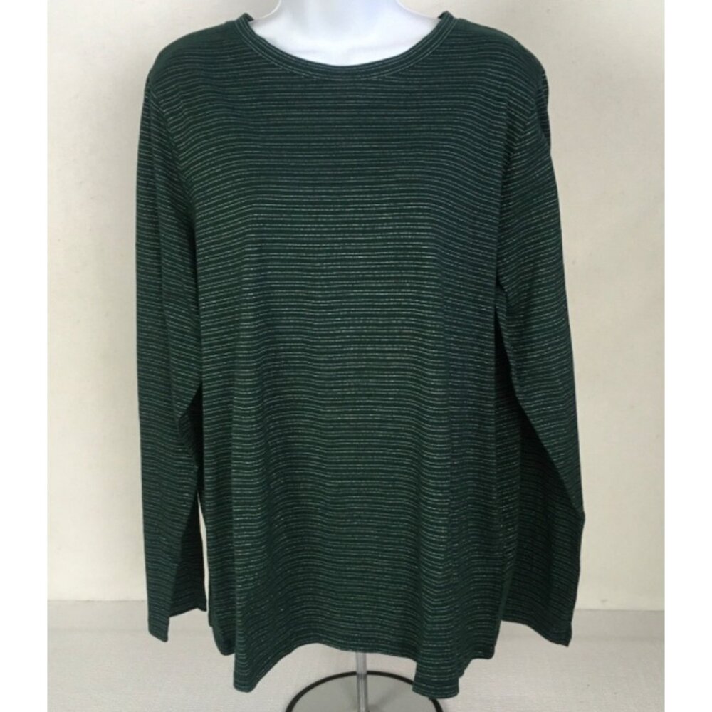 Sonoma Everyday Tee Women Size XL Dark Green w Thin Silver Stripes Long Sleeves